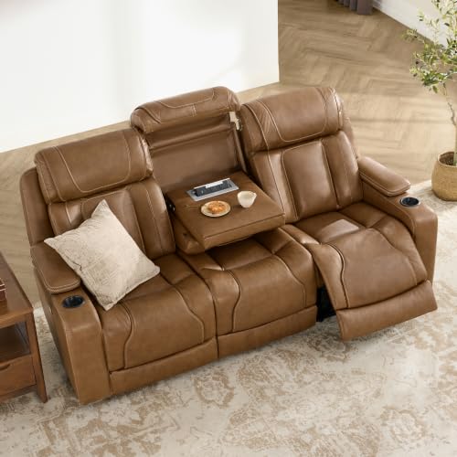 Image of Watson & Whitely Power Reclining Sofa 3-Seat Middle Flip Back, Saddle Brown