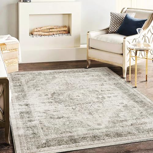 Washable Area Rug 4'x6' Floral Khaki Traditional Floor Cover Foldable Thin Rugs Retro Kitchen Indoor Distressed Non Slip Carpet Floral Print Mat Bedroom Living Room