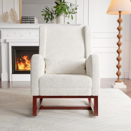 WOBOPCG Poltrona a dondolo, sedia a dondolo con schienale alto poltrona a dondolo decontratto con gambe in legno metallico per soggiorno,camera da letto,infermieristica (bianco sporco, 99 × 93 × 70