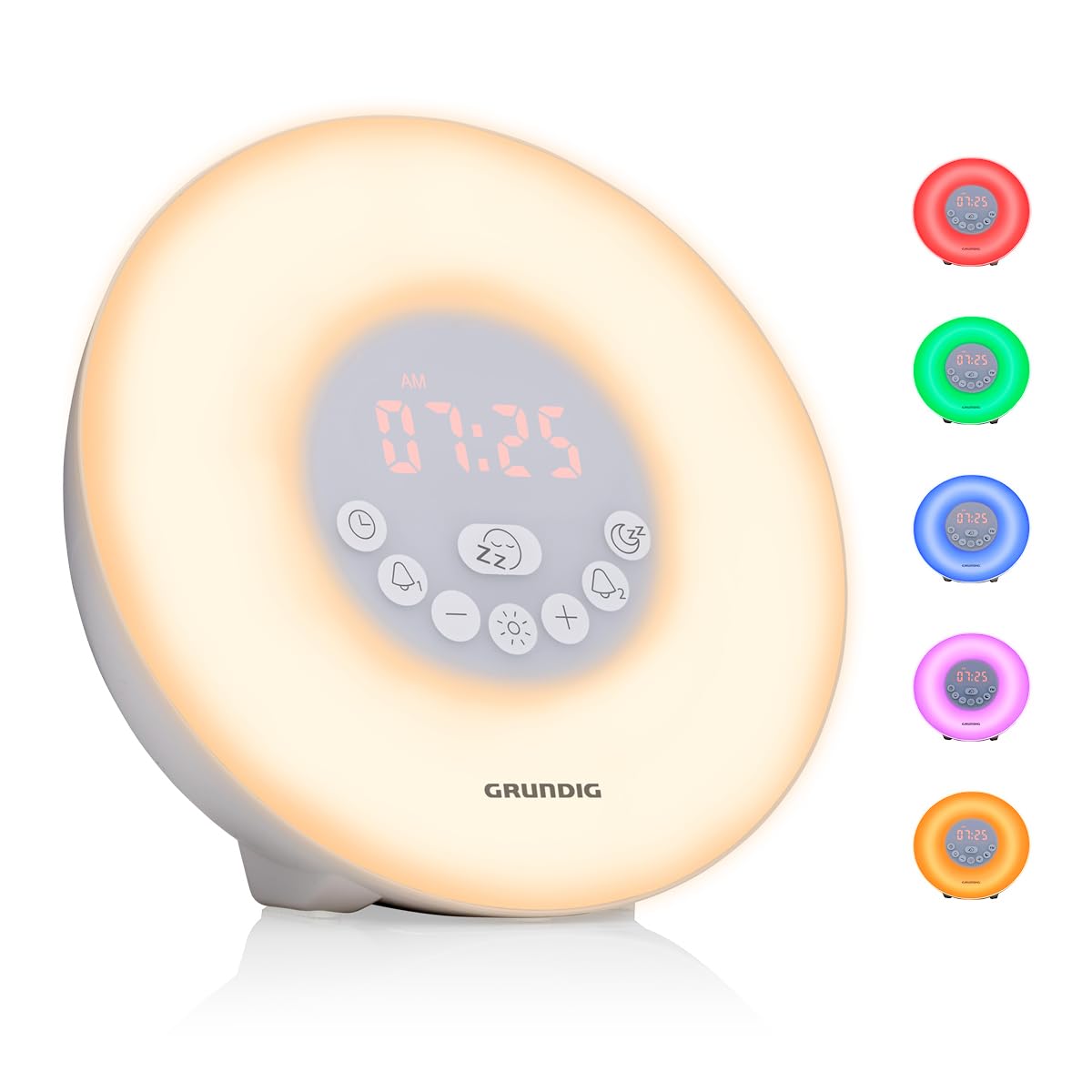Grundig Lichtwecker mit FM-Radio - Tageslichtwecker mit 10 natürlichen Klängen - Wecker mit Farbwechsel-LED und Zonsopgangsimulation - Schlummer- und Timerfunktion, Weiß