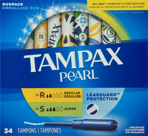 Image of Tampax Pearl Tampons, Regular /Super Absorbency | Unscented | Leakguard Braid | 34 Count | Pack of 2