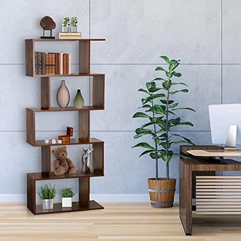 Nouva 6-Tier Bookshelf, S-Shaped Bookcase Storage Organizer, Modern Freestanding Industrial Display Shelf Unit, Wooden Decorative Room Divider for Living Room Bedroom, Home Office Cover