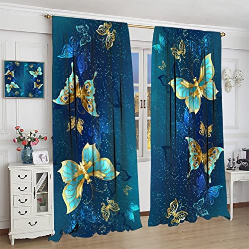 Butterfly Curtain for Girls Bedroom Decor,Blue Irises Yellow Daisies Floral Background Print Window Drapes for Kids Living Room Kitchen Decor Interior Decoration 63x63in
