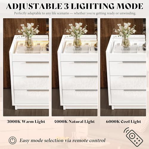 Image of AMERLIFE 47.2 inch W 8 Drawer Dresser with LED Light & Glass Top, Modern High Gloss Storage Chest with 2 Jewelry Drawers, Storage Organizer for Bedroom, White