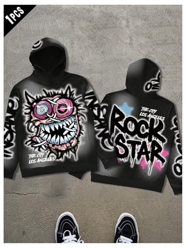 WDIRARA Men's Cartoon Graphic Hoodie Letter Print Long Sleeve Oversized Sweatshirt Hooded Pullovers Top2