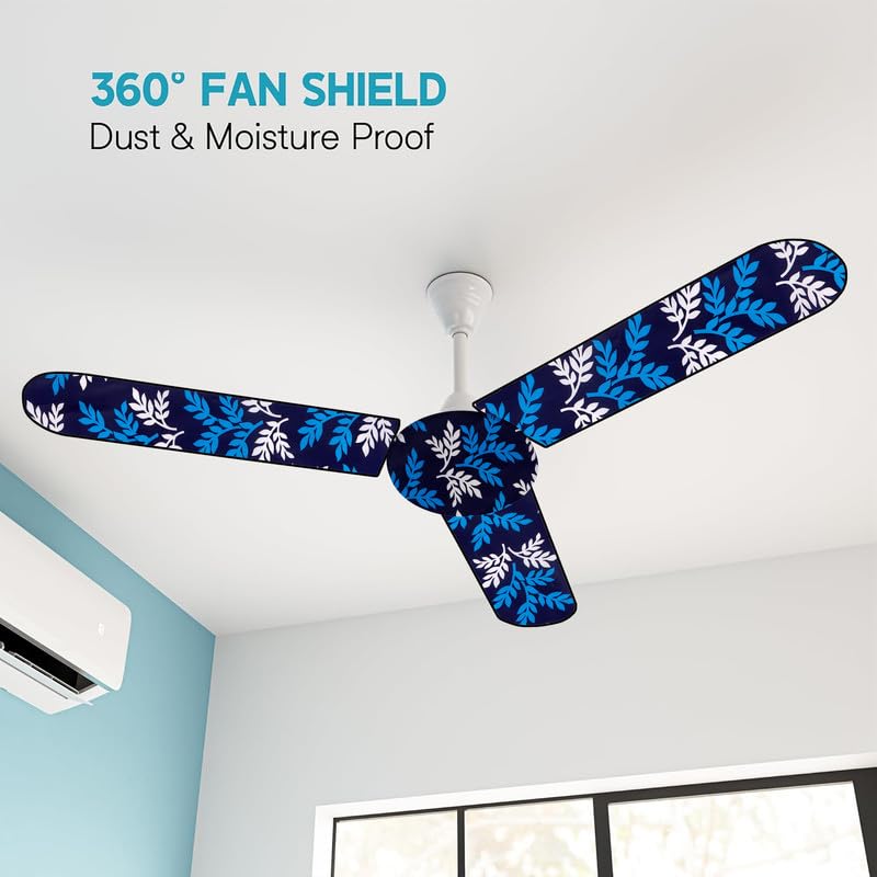 Image of Dustproof Premium Three Blade Ceiling Fan Cover with attachable Enclosure, Set of 1 Fan Cover (Blue Leaf).