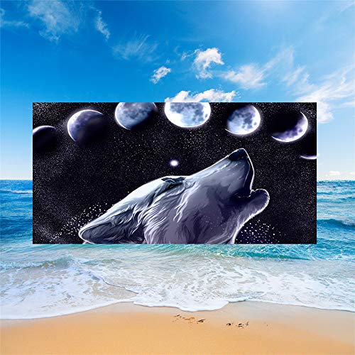Mateju Serviette de Plage en Microfibre, Loup Imprimé Animal Rectangulaire Drap de Plage Anti Sable Grande Leger Serviette de Bain Portable pour Yoga Natation Sport (70x150cm,Dégradé de Lune) Cover