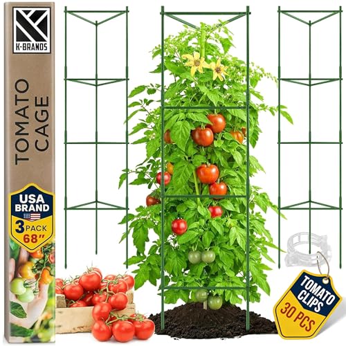 K-Brands Tomato Cage - Tomatoes Plant Stakes Support Cages Trellis for Garden and Pots (3 Pack - Extra Tall Upto 68 inches)