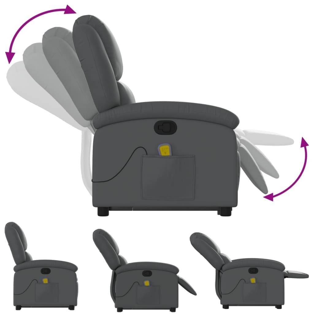 Sillón elevador reclinable con masaje de 6 puntos, color gris, piel sintética, función de elevación eléctrica y vibración, estructura estable de madera y metal, asiento cómodo