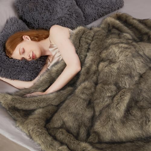 Touchat Luxury 1000GSM Faux Fur Throw Blanket, Super Thick Warm Cozy Grey Blankets for Couch Bed Sofa, Plush Fuzzy Elegant Soft Reversible Mink Blanket for Living Room Bedroom, 80x80,Grey