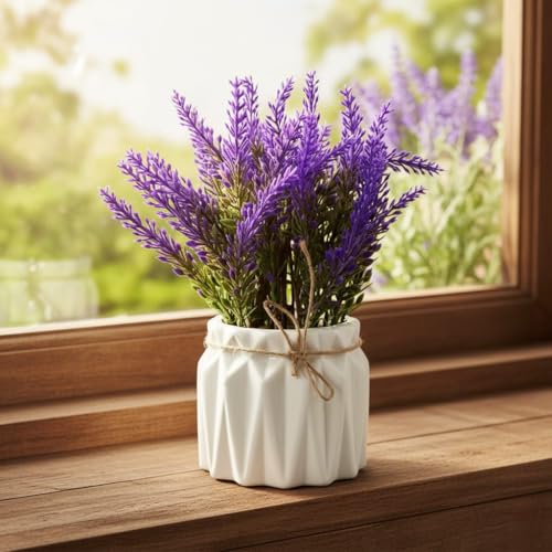 Image of Dekorly Artificial Lavender Plant in White Pot, 18cm - Realistic Faux Flower Arrangement for Home & Office Decor (Set of 1) (1, White Color Pot)