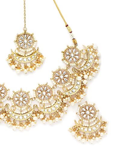 Image of Karatcart Gold Plated Pearl and Drop Kundan Studded Choker Necklace Setfor Women