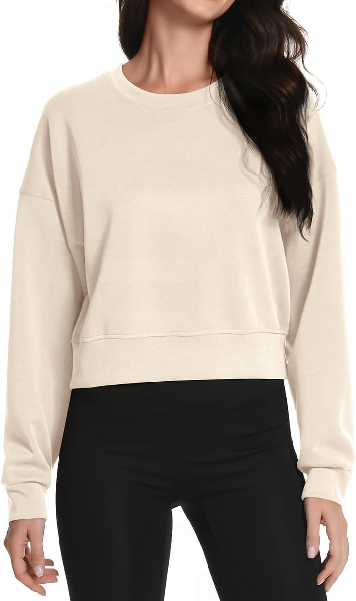 Auriviz Womens Modal Long Sleeve Cropped Sweatshirts Oversized Workout Shirts Crew Neck Pullover Crop Tops - Image 2