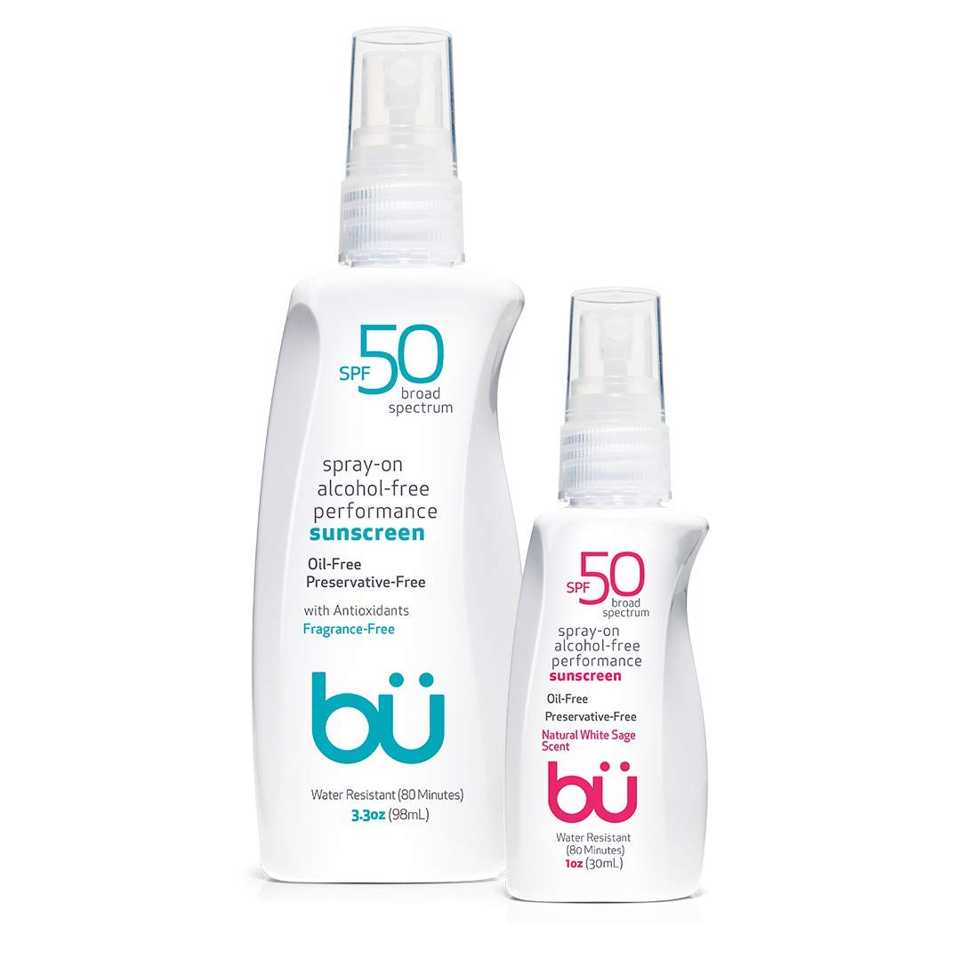büSunscreen Spray SPF 50 by Bu Value Pack - Travel Size Organic Sun Block for Sensitive Skin - Oil-Free, Alcohol-Free, Non Comedogenic, Water-Resistant (Fragrance-Free + White Sage)