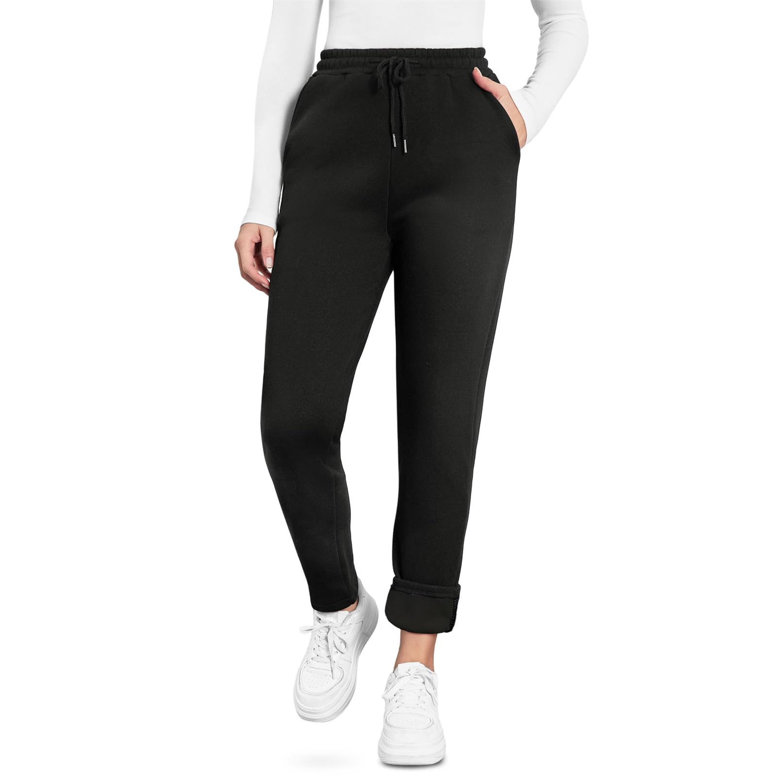 EDOTON Warme Damen Jogginghose Winter Fleece Verdickte Thermo Hosen Gefüttert mit Taschen Kordelzug Trainingshose Outdoor Freizeit Sporthose Sweatpants S-XL