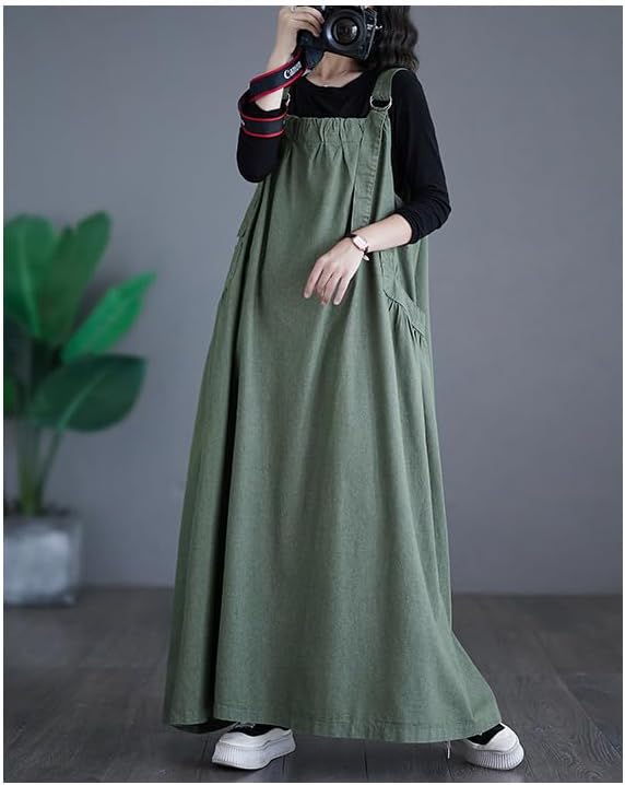 Denim Jumper Dress for Women Loose Version Baggy Style Maxi Length Adjustable Straps Wide Hemline - Image 4