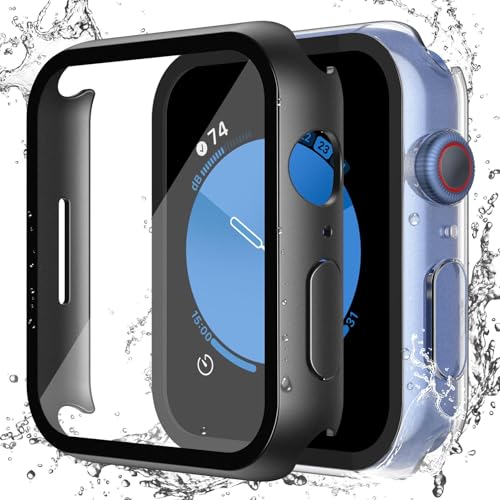Image of Misxi [2 Pack] Waterproof Case with Button for Apple Watch SE 2 (2024) SE Series 6 Series 5 Series 4 44mm, Anti-Fall PC Cover with Tempered Glass Screen Protector for iWatch, 1 Black + 1 Transparent