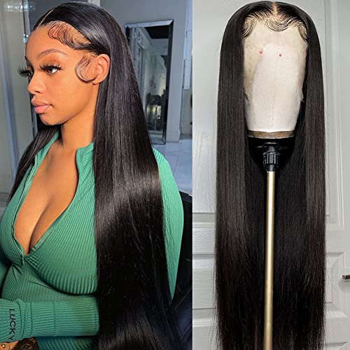 Iris Queen 12A 13x4 Straight HD Lace Front Human Hair Wigs Pre Plucked 180 Density Transparent Lace Frontal Wig with Baby Hair for Women Natural Black Color(26 Inch)