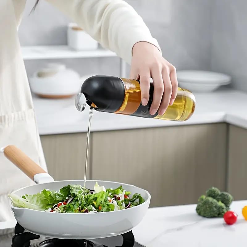 Vasukie 2-in-1 Olive Oil Sprayer and Dispenser Bottle for Kitchen | 500ml Glass Bottle with Premium Nozzle | Cooking Sprayer for Healthy Cooking and Salad Making (Auto Open Close)