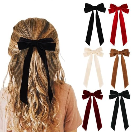 6-Pack Velvet Hair Bows with Alligator Clips - Red Burgundy Forest Green Black White brown - Fall and Winter Hair Ribbons for Girls - Classic Hair Accessories