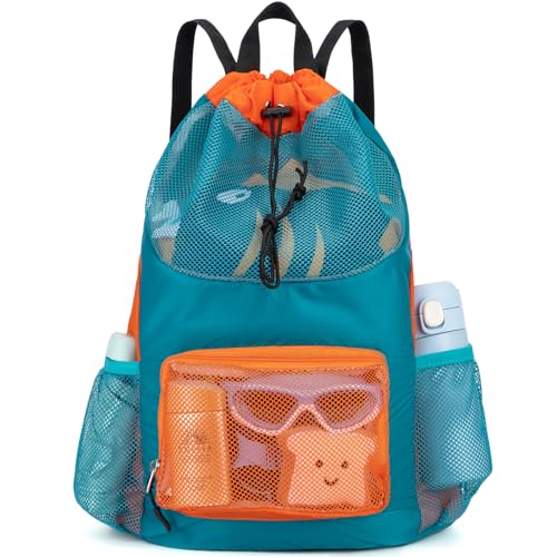 Veious Swim Bag for Kids Drawstring Backpack for Boys Lightweight Mesh Beach Backpack Swimming Pool Sports Gym String Bag Green