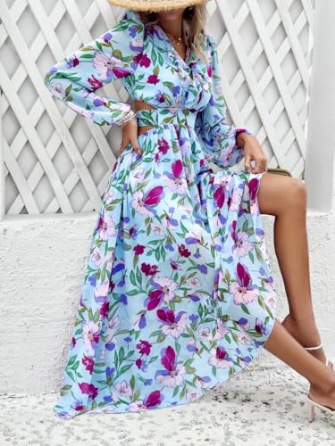 Image of Sister Amy Women's Boho Floral Print Square Neck Beach Party Flowy Ruffle Midi Dress