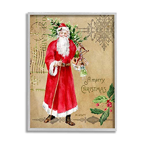 Stupell Industries Santa Claus Vintage Christmas Postal, Design by Melissa Hyatt LLC Grey Framed Wall Art, 16 x 20, Tan