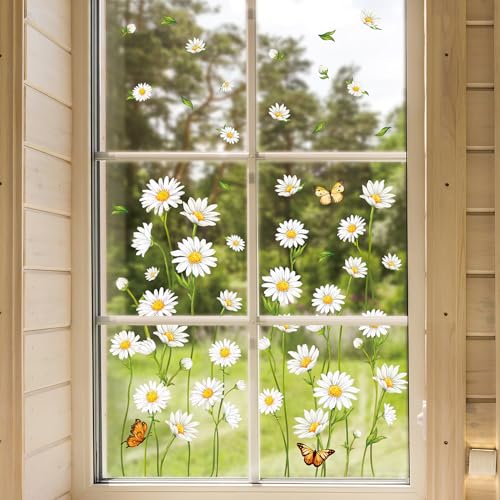 JarThenaAMCS 123Pcs Spring Summer Daisy Window Clings Butterfly Floral Window Stickers Double-Side Flower Glass Decals for Home Office School Classroom Party Shop Display Decorations,9 Sheets