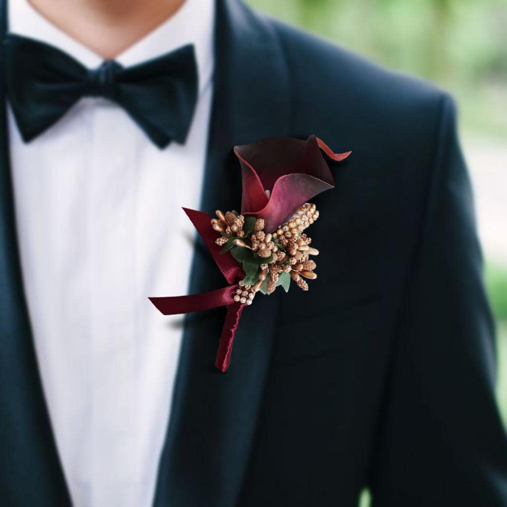 Cute Calla Berry Rhinestone Groom Bridal Wedding Corsage Wine Red