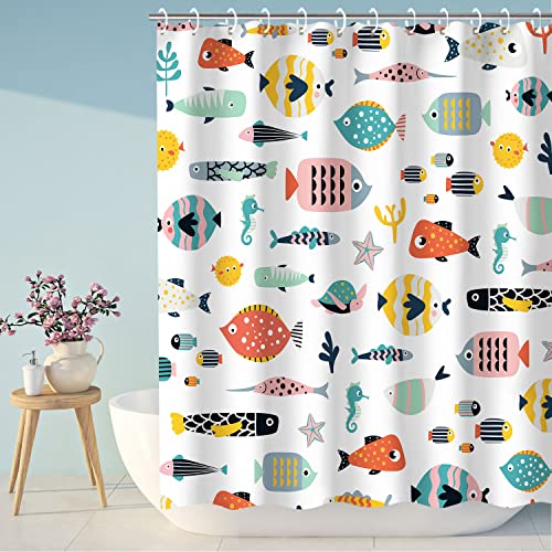 Image of RosieLily Fish Shower Curtain, Kids Bathroom Shower Curtain, Nautical Shower Curtain Set with 12 Hooks, Waterproof Colorful Animal Cartoon Fish Bathroom Decor, 72x78