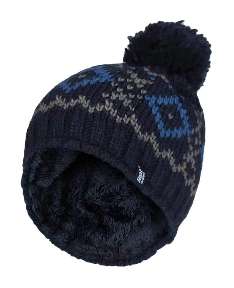 Heat Holders Men's Navy / Blue - Chunky Knit Fleece Lined Thermal Winter Warm Beanie Bobble Hat With Pom Pom (One Size, Navy/Blue)