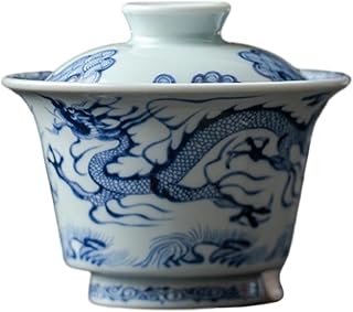 Chinese household retro simple and delicate blue and white dragon pattern ceramic tea set - covered bowl
