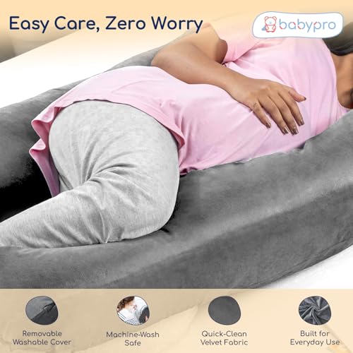 Image of BabyPro J-Shaped Pregnancy Pillow with Silky Cooling Velvet Cover, Grey | Full Body Pillow for Back Pain, Head, Belly, Hips & Knees, Soft Cushion