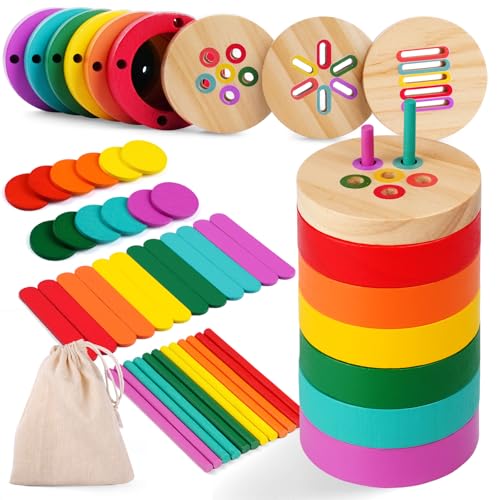 CHHQLZS Montessori Toys for 2 Year Old, 4-in-1 Wooden Color