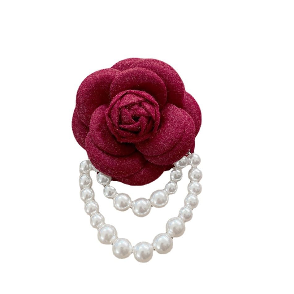 Image of Elegant Camellia Flower Faux Pearl Brooch Pin,Bohemian Fabric Flower Brooch Pins Pearl Tassel for Women Teen Girls, Corsage Wedding Brooches Clothes Dress Coat Accessories Jewelry Gift (Red)