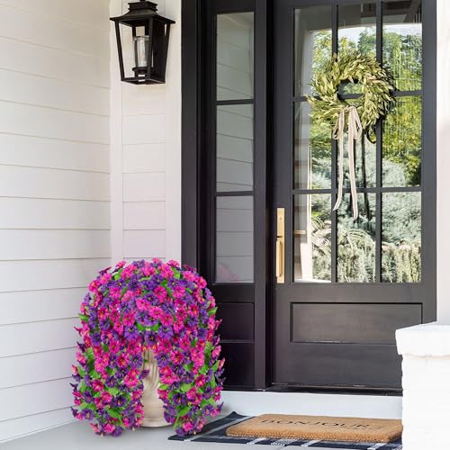 Image of Ammyoo Artificial Fake Hanging Flowers Basket for Spring Summer Decor | Faux Silk Flower in Planter for Summer, Outdoor Artificial Floral for Home Porch Yard(Purple-red Deep Purple)