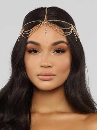 Miniatura 3 de Catery Cadena dorada para el cabello, joyería para novia, diadema, borlas, boho, cadena para la cabeza, diamantes de imitación, joyería para el