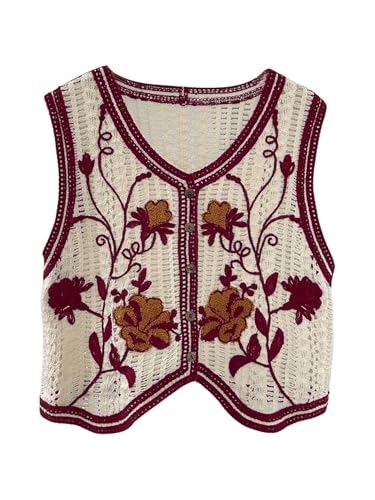 Image of GORGLITTER Women's Embroidered Floral Crochet Vest Button Crop Summer Cowgirl Western Top Rodeo Country Concert Outfits
