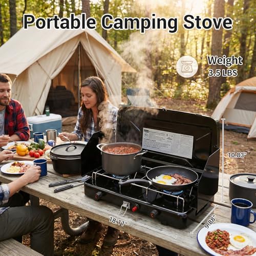 Camping Stove, 2 Burners Propane Portable Camp Stove with Regulator, Push-Button Instant Ignition, Adjustable Burners & - Additional View