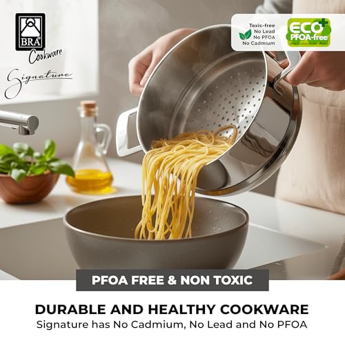 Image of BRA COOKWARE Signature 3-Piece 9.5 inch Steaming Set | Professional Pots & Steamer Set | Stainless Steel Cookware Set w / 1 Pot, 1 Steamer, 1 Lid | All Stovetop Compatible | PFOA Free