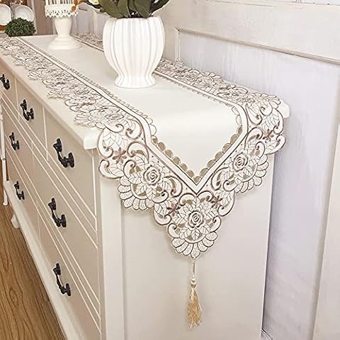 Arzoe Embroidered Lace Table Runner Elegant Vintage Mantel Scarf Dresser Scarves Cabinet Dining Room Table Decoration (Brown, 16 × 59 Inch) Cover