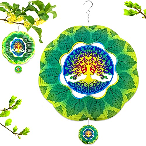 Wind Spinners Tree of Life Hanging Wind Spinner Ornament 3D Stainless Steel Metal Art Geometric Pattern Worth Gift Kinetic Yard Art Decorations Indoor/Outdoor Décor - 12inch
