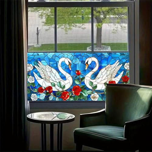 Película decorativa ventana vidriera cisne y rosa 39.3×17.7 pulg miniatura 2