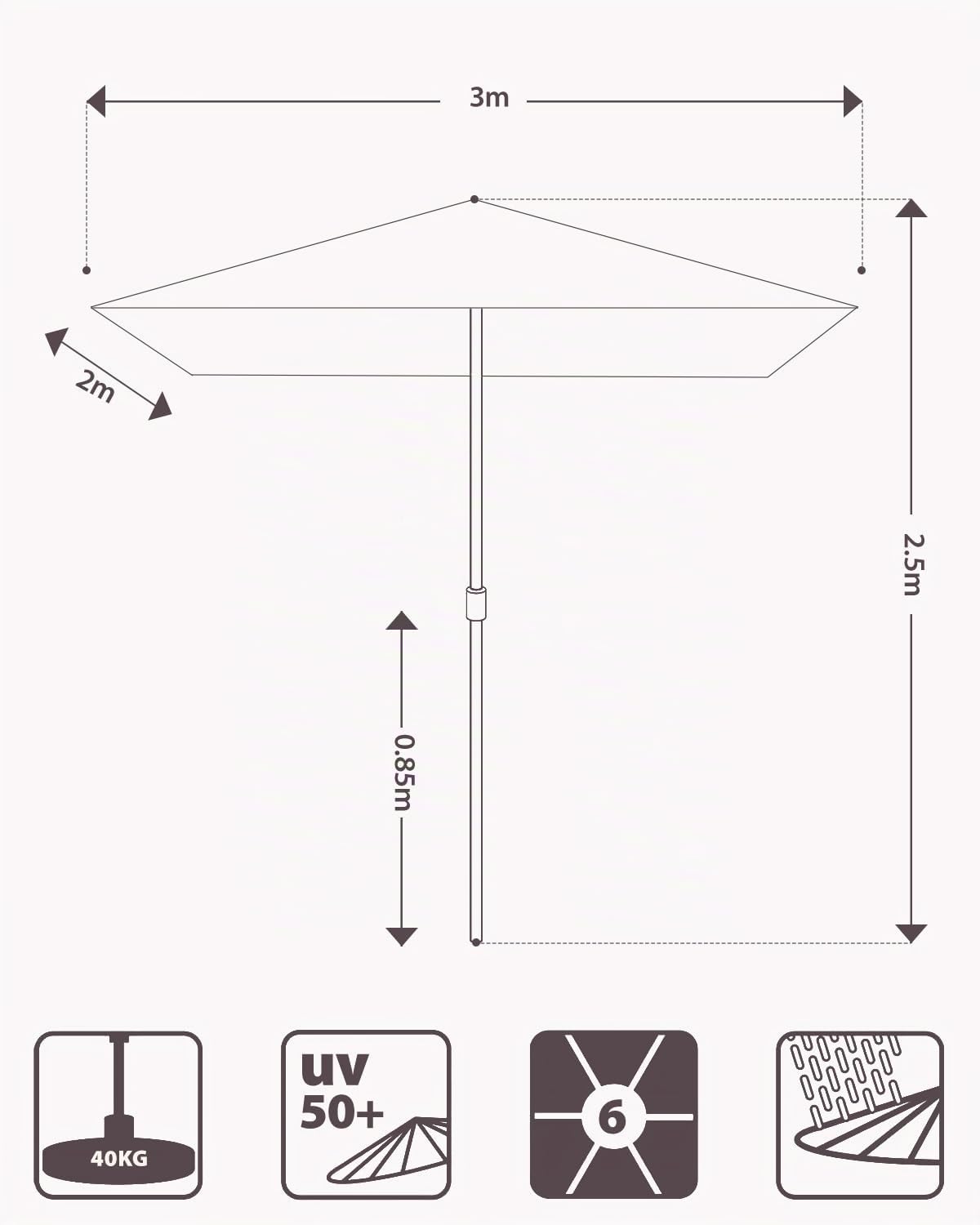 Sunula Parasol rectangulaire avec système de manivelle, tube en acier de 38 mm et baleines ovales de 12 x 18 mm, parasol de marché, protection solaire pour balcon, jardin
