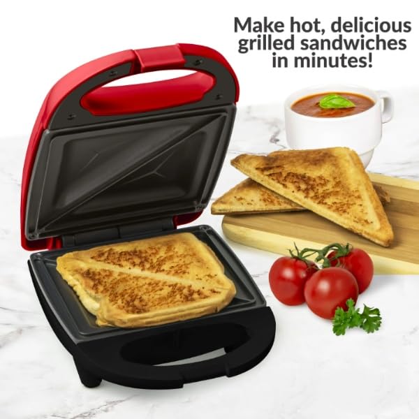 Mini Sandwich Maker, Quick Cooker for Hot Sandwiches, Pizza Pockets, Paninis, Red