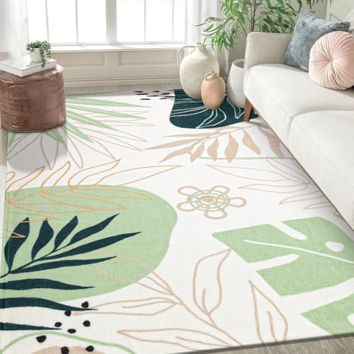 Image of Yamaziot Washable Area Rug 5x7 Non-Slip Green Boho Rug for Bedroom Cute Soft Throw Kids Nursery Rug, Low Pile Abstract Plant Print Soft Floor Carpet for Bedroom Nursery Classroom Living Room