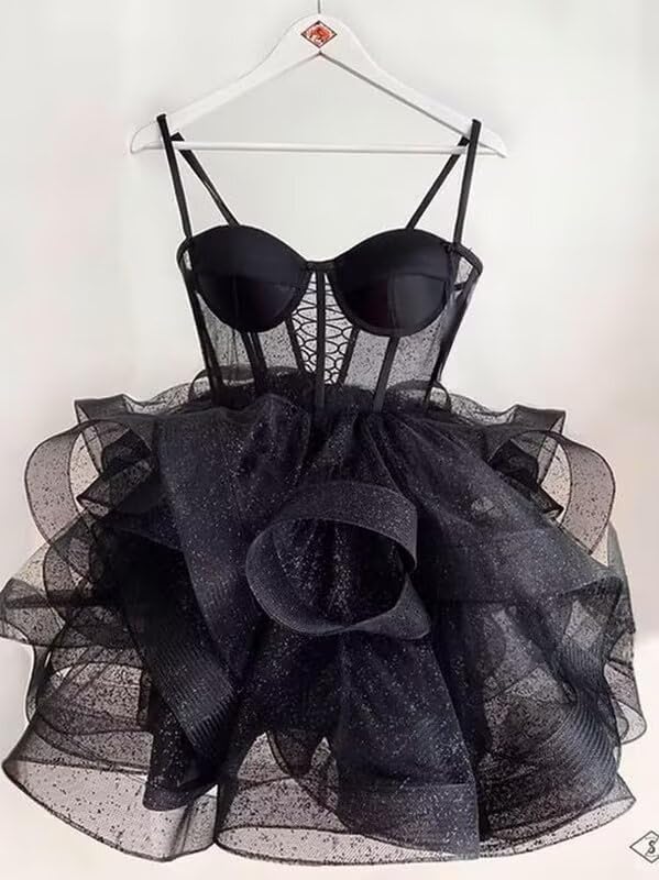 Glitter Tulle Short Prom Dresses Spaghetti Straps Satin Tiered Homecoming Dresses for Teens Corset Formal Cocktail Gown2