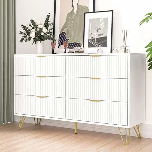 FURNIWAY White Dresser, Modern 6-Drawer Dresser for Bedroom with Gold Handles, Wide Chest of Drawers for Living Room