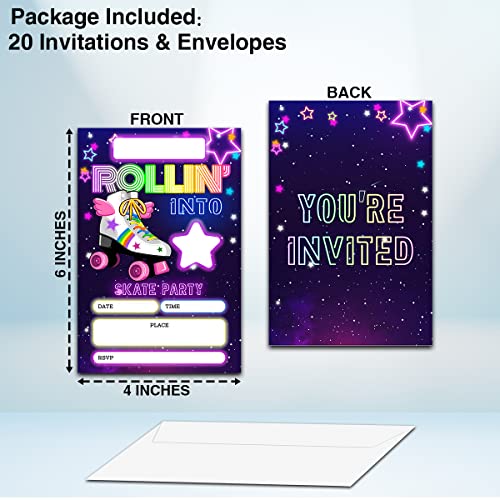 Nyctug Roller Skating Theme Birthday Invitation(4" X 6"), Skate Party Fill-In Birthday Double-Sided Party Invites- 20 Invitations With Envelopes-Party Supplies-A10 #TOP1