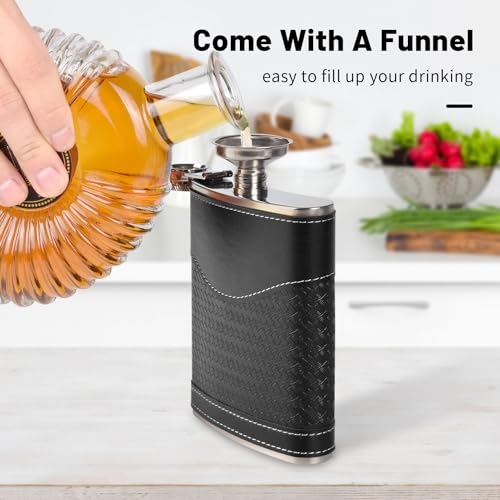 LHD HOME Hip Flasks for Men Leather Hip Flask Gift Set,Hip Flask 304 Stainless Steel Flask Set w/Funnel Shot Glasses Gift for Whiskey Rum Groomsman Best Man Usher Wedding-Leather Stripe Black-8oz - Image 2